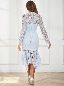 Eilly Bazar Solid Color Lace Long Sleeve Asymmetrical Hem Dress - Baby Blue - View 2