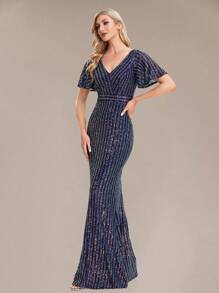 Váy dạ hội nữ tay áo hình bướm tương phản viền sequin dành cho nữ - Màu xanh hải quân - Xem 3