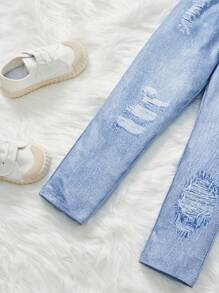 SHEIN 年轻女孩牛仔效果牛仔裤 - 淺藍色 - 查看 3