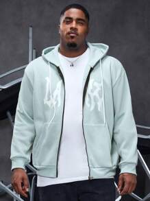 Manfinity Homme Men's Plus Size Hooded Loose Sweatshirt With Letter Print And Zipper Closure
