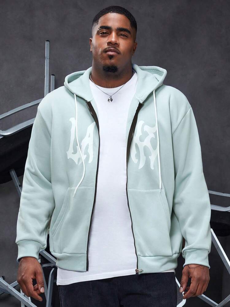 Men's Plus Size Hooded Loose Sweatshirt With Letter Print And Zipper Closure