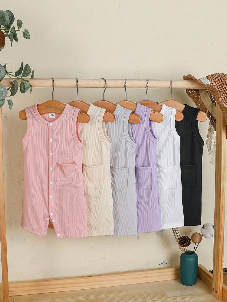 Simple Style Baby Girls' Ribbed Romper, Sleeveless And Button Up Design, Casual And Loose Fit For Daily Wear, Spring/Summer Collection
