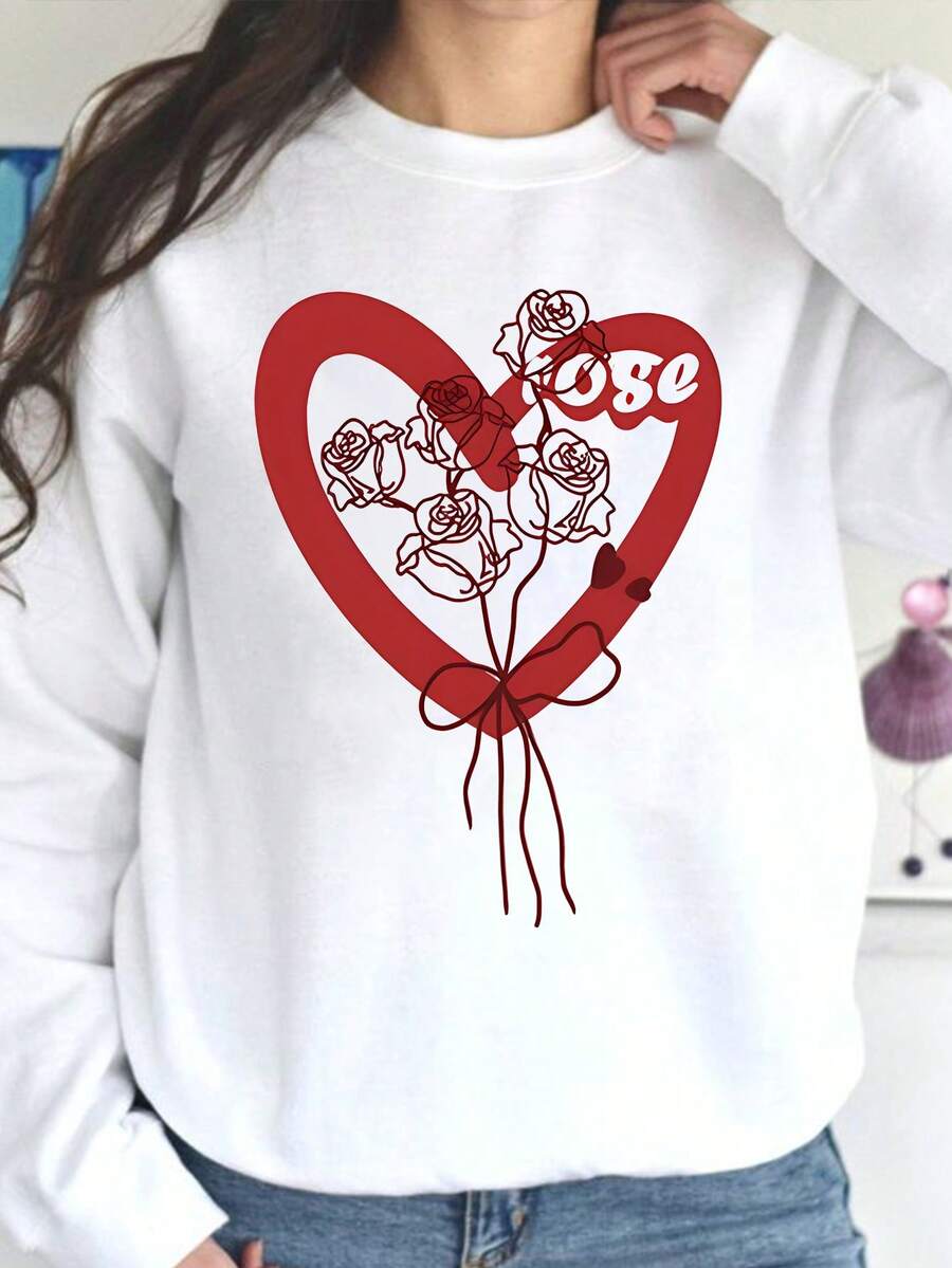 SHEIN LUNE 大尺碼情人節玫瑰心形印花圓領運動衫 - 灰色 - 查看 1