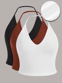 SHEIN LUNE 大尺碼女士純色肋條款頸挂背心 - 彩色 - 查看 6