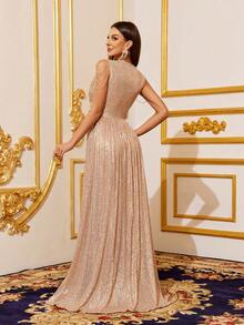 Faeriesty 链条装饰深V领圣诞亮片教堂舞会礼服 - 香檳色 - 查看 2