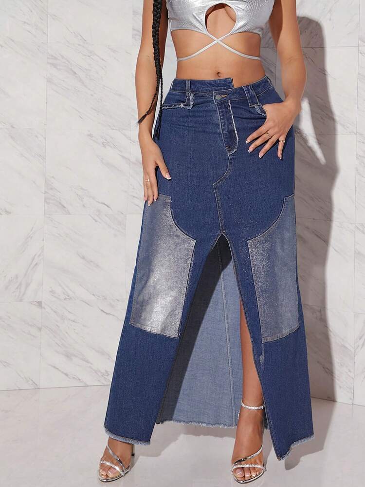 Women'S Asymmetrical Waist High Slit Denim Skirt