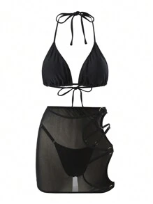 SHEIN Swim Halter Sexy Bikini Set Summer - Black - View 4