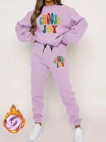 Calvaya Plus Size 2pcs/Set Letter Printed Sweatshirt And Sweatpants Set - Purple - View 1