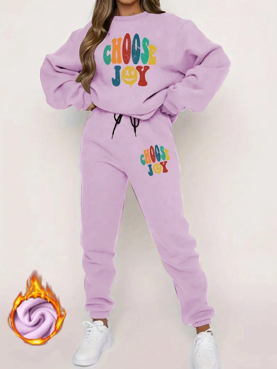 Calvaya Plus Size 2pcs/Set Letter Printed Sweatshirt And Sweatpants Set - Purple - View 1