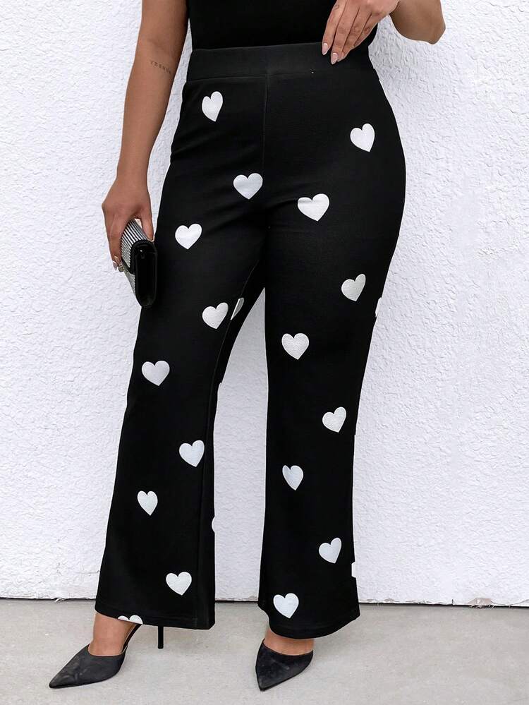 Plus Heart Print Flare Leg Pants Fall Cloth For Women