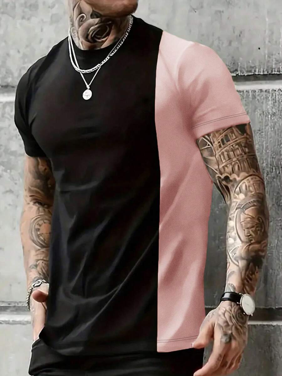 Manfinity Homme 男裝對比色休閒t恤 - 粉色 - 查看 1