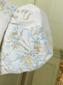 SHEIN 小女孩繡花緞面連衣裙,有蝴蝶結裝飾和泡泡袖 - 藍白色 - 查看 3
