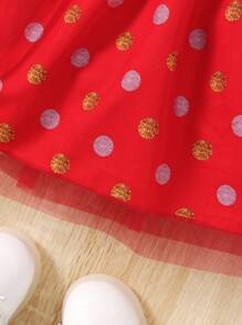 Valentine's Day Baby Girls' Mesh Gold Stamping Polka Dot Print Dress - Red - View 6