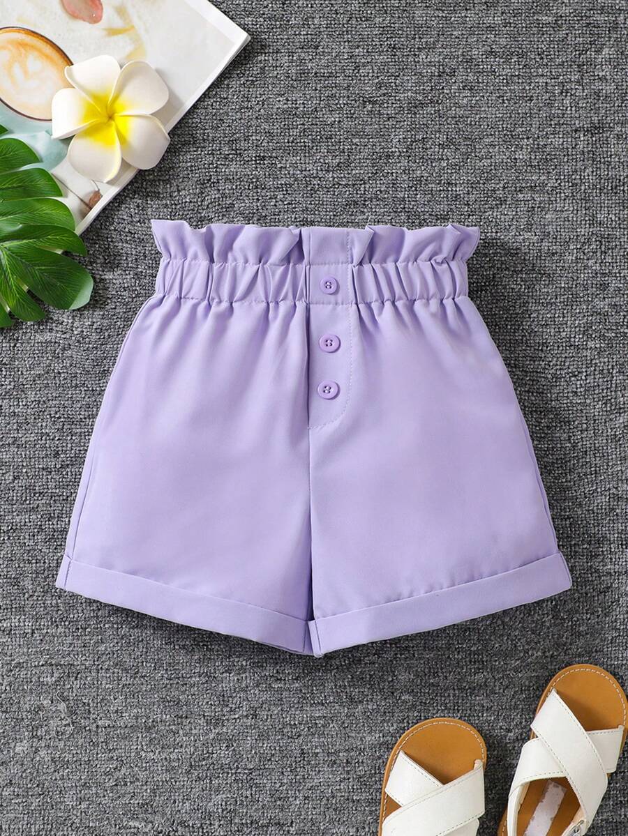 SHEIN Shorts de moda morados de cintura alta con ribete de volantes para niñas jóvenes para el verano - Morado - Ver 1