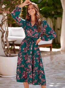 SHEIN LUNE Plant Print Lantern Sleeve Dress - Green - View 1