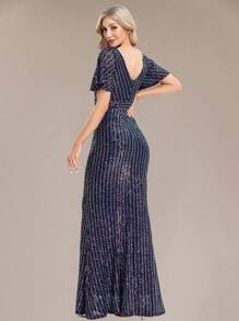 Váy dạ hội nữ tay áo hình bướm tương phản viền sequin dành cho nữ - Màu xanh hải quân - Xem 2