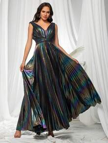 Vestido de noche plisado con escote en V y espalda descubierta holográfico para mujer