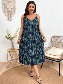 SHEIN Holidaya 加大碼女士葉子印花吊帶裙 - 藏蓝色 - 查看 6