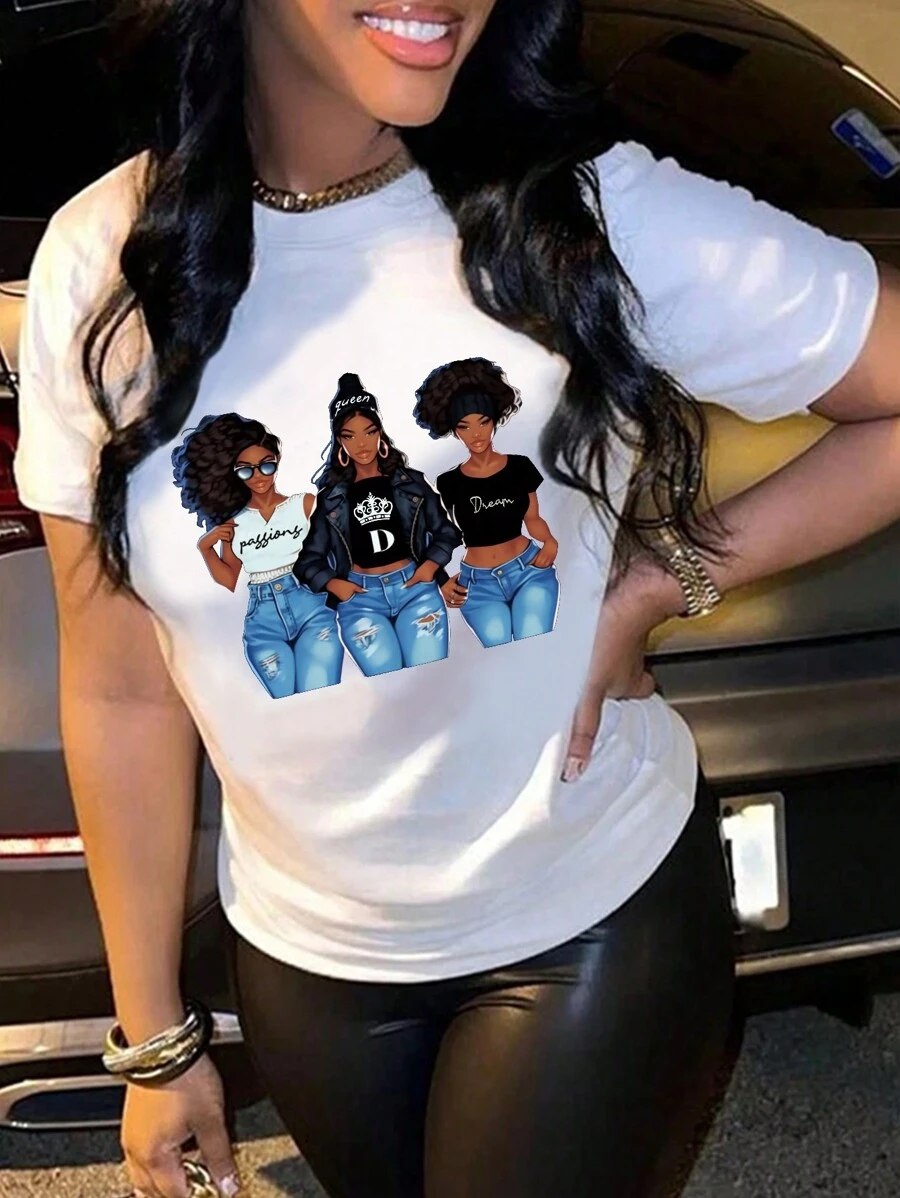 INAWLY 女性印有角色圖案的短袖t恤 - 白色 - 查看 1