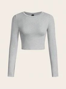 SHEIN EZwear 2pcs/Set Women Casual Crew Neck Long Sleeve Cropped Fitted T-Shirts, Suitable For Spring And Autumn