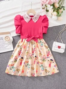 SHEIN Rochie pentru fete Tween, vintage, cu model de desene animate, broderie cu flori, cu guler răsturnat, cu mâneci bufante