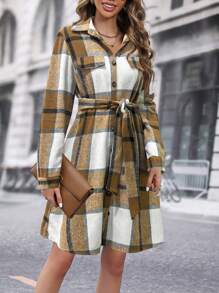 SHEIN LUNE 格紋束帶連身裙 - 芥末黃 - 查看 5