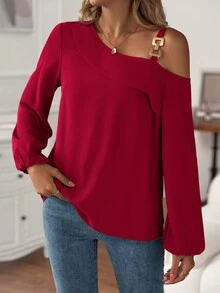 Chain Detail Asymmetrical Neck Lantern Sleeve Blouse - Red - View 3