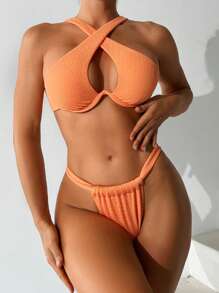 SHEIN Swim Women's Cross Design Textured Bikini Set Carnival Summer