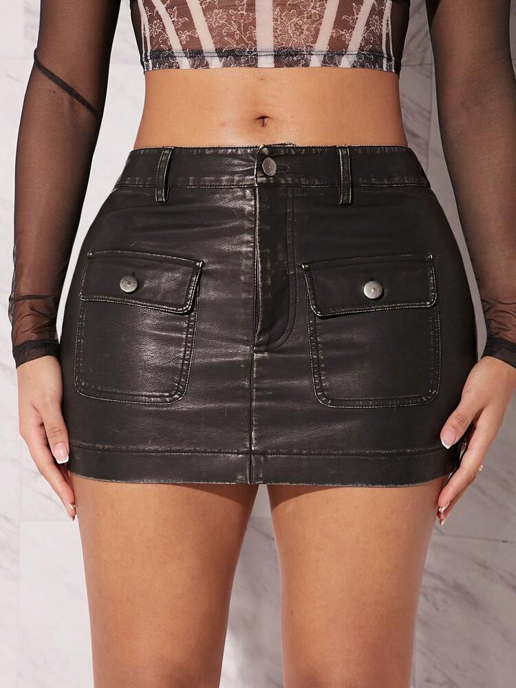 PU Leather Flap Pocket Mini Skirt