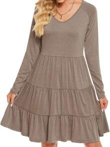 Của phụ nữ Thoải mái Giải trí Tay áo dài Nhiều lớp Xù Hoa Sen Đầm - Xám - Xem 5