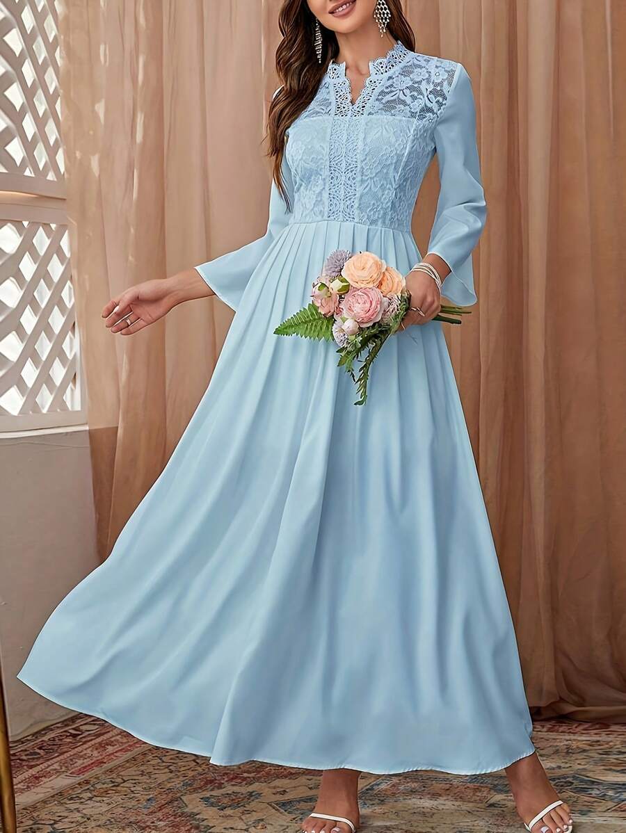 水溶蕾絲拼接A字洋裝 - 淺藍色 - 查看 1