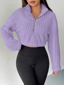 SHEIN EZwear 女士純色毛絨拉鍊短款運動衫 - 紫色 - 查看 1