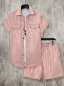 Manfinity AFTRDRK Men's Plain Cargo Shirt And Shorts Set - Pink - View 3
