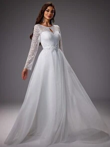 Lace Long Flowers Sleeve Gorgeous Wedding Mesh Wedding Dress White Elegant Long Sleeve Bridal Dress,Bride, All White Party Outfit Women, For Valentine's Day - White - View 5