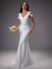 UNITHORSE Elegant & Gorgeous Embroidered Dress With Waist Decoration White Wedding Bridal Dress, All White Party Outfit Women - White - View 6