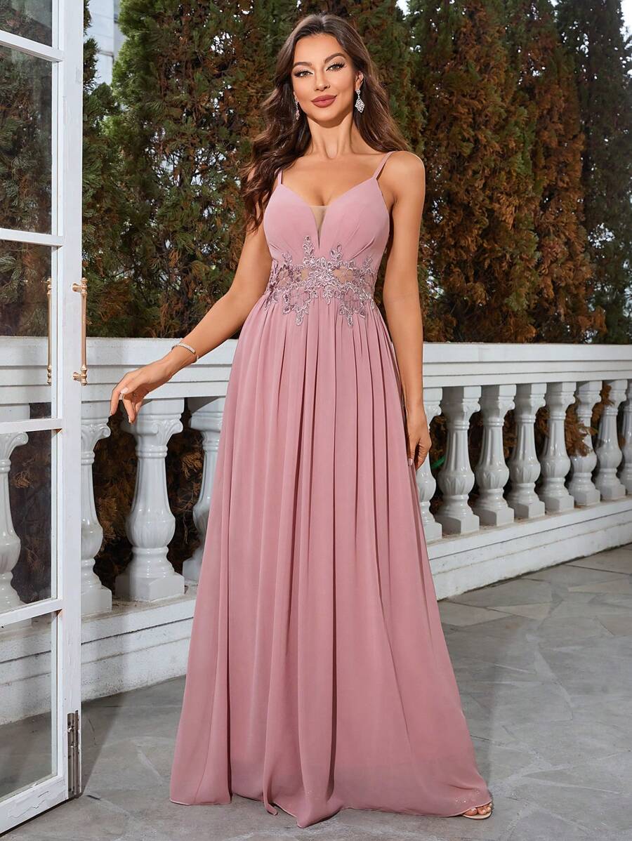 Elegant Party Waist Embroidered Chiffon Spaghetti Strap Bridesmaid Dress - Pink - View 1