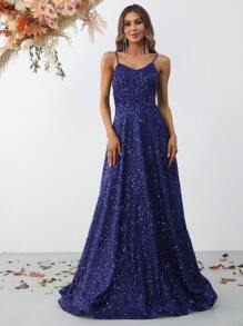 Faeriesty Sequin Decor Cami Floor Length Formal Dress - Navy Blue - View 1