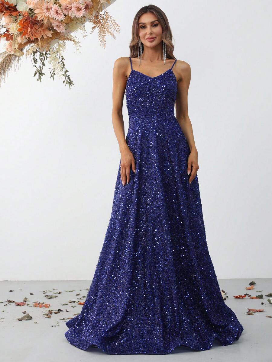 Faeriesty Sequin Decor Cami Floor Length Formal Dress - Navy Blue - View 1