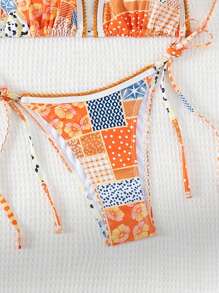 SHEIN Swim 夏日海滩拼布印花两件套比基尼套装音乐节 - 彩色 - 查看 5