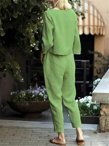 Women's Casual Solid Color Long Sleeve Top And Pants Set - Green - View 2
