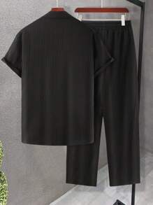Manfinity Homme Men Solid Shirt & Drawstring Waist Pants Without Tee, Cozy Outfits - Black - View 2