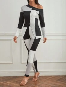 SHEIN LUNE 女性彩色拼接兩件套裝,帶分裂式下擺設計 - 黑與白 - 查看 5