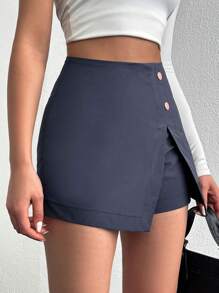 EURMUSE Women'S Button Decoration Split Hem Skort - Navy Blue - View 3
