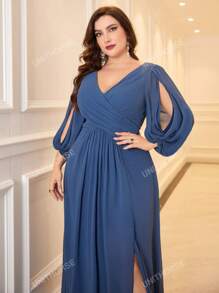 Vestido de dama de honor en gasa con cuello en V y plisado para mujer de talla grande, vestido de novia, conjunto de mujer para cumpleaños, vestido de graduación, vestido de gala