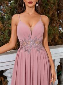 Elegant Party Waist Embroidered Chiffon Spaghetti Strap Bridesmaid Dress - Pink - View 6
