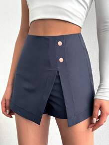 EURMUSE Women'S Button Decoration Split Hem Skort - Navy Blue - View 5