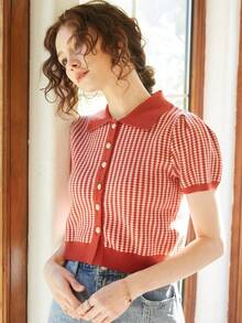 Knit Mix Women's Knitted French Style Commuter Top, Striped Short Sleeve Contrast Color Cropped Cardigan For Spring & Autumn, Slim Fit With Random Patterns Back To School Fall Women Clothes Autumn - Red - View 6