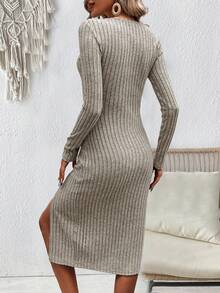 SHEIN LUNE Màu thuần Sọc Viền chia cắt Xếp li Đầm giản dị - Màu be - Xem 2