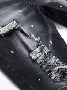 Manfinity LEGND 男士棉质破洞磨边泼墨印花牛仔短裤纯色牛仔短裤黑色牛仔短裤，适合送给老公、男朋友的礼物 - 黑色 - 查看 4