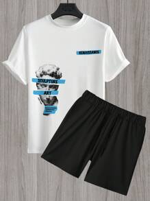 Manfinity EMRG Men's Sculpture & Letter Print Drop Shoulder Sleeve T-Shirt And Shorts Set - Black - View 6